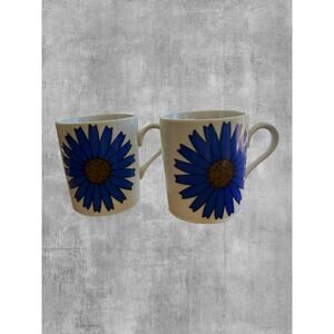 Vtg 70s Flower Power Coffee Mugs Pair Blue Daisy Retro MCM Japan Ceramic Cup